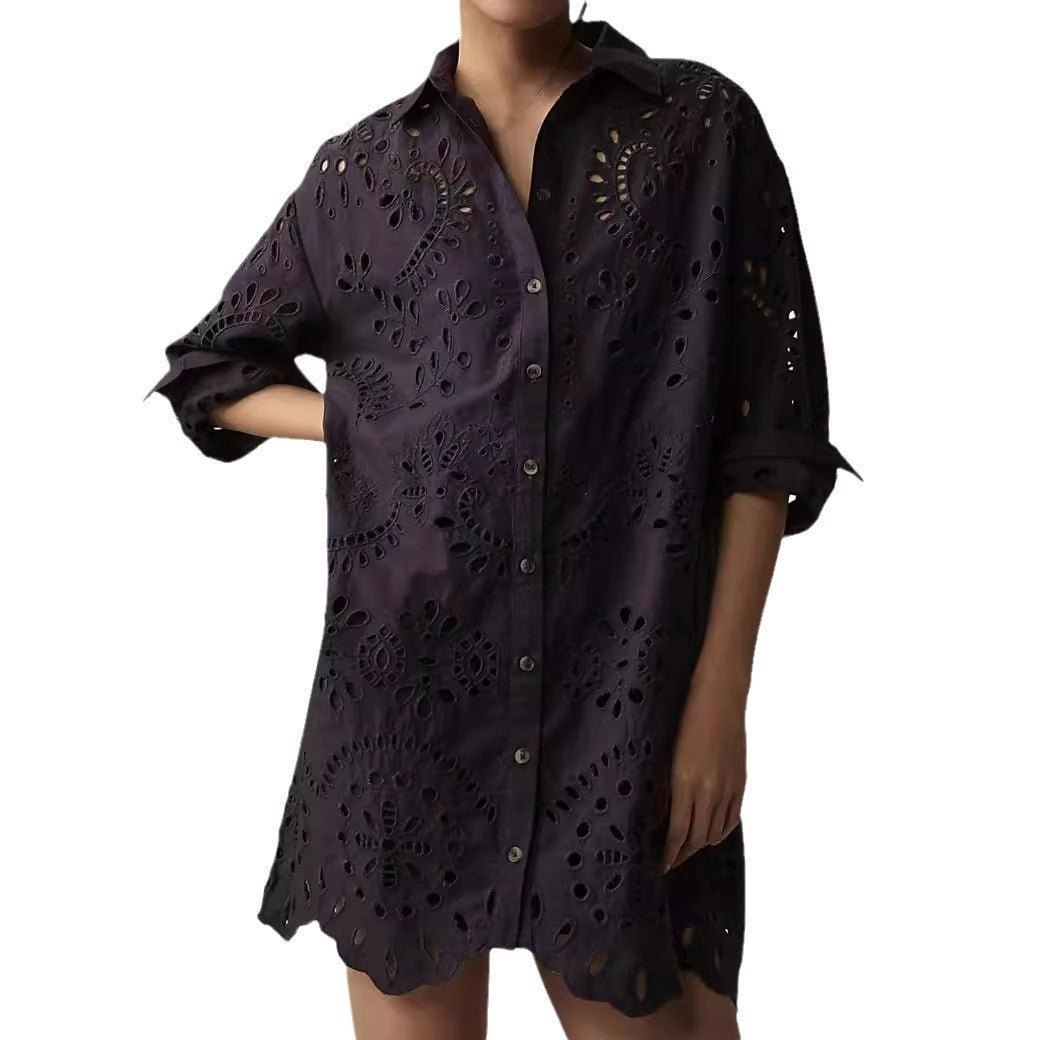 Women's Loose Long-sleeved Casual Hollow Pleated Shirt