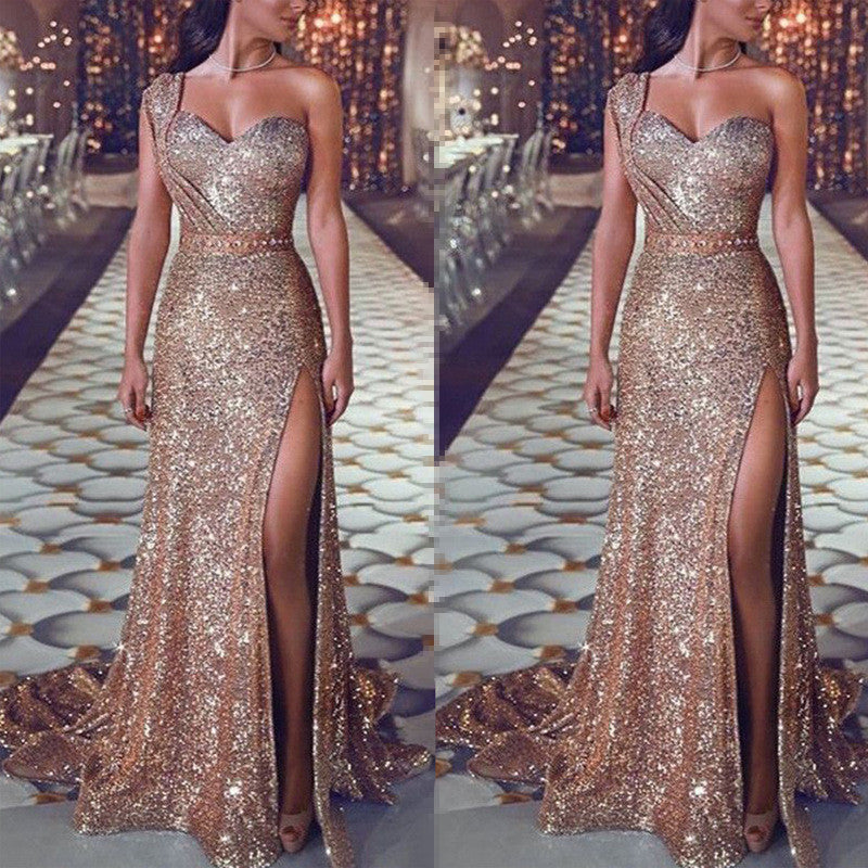women's sexy one-shoulder sleeveless bronzing dress slit long skirt