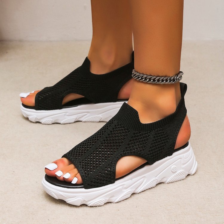 Summer Sandalas Elastic Slip-on Peep Toe Wedge Fly Woven Mesh Casual Shoes