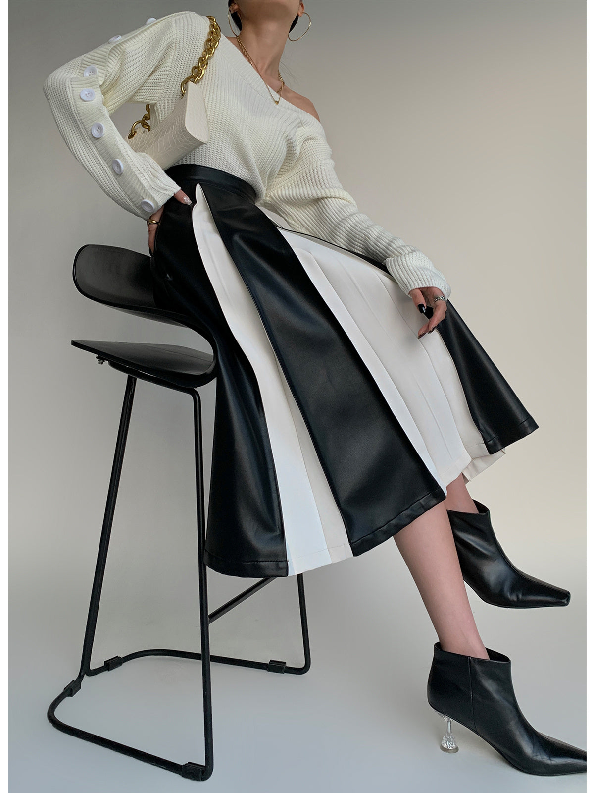 Stitching Pleated Skirt Women's PU Leather Autumn And Winter