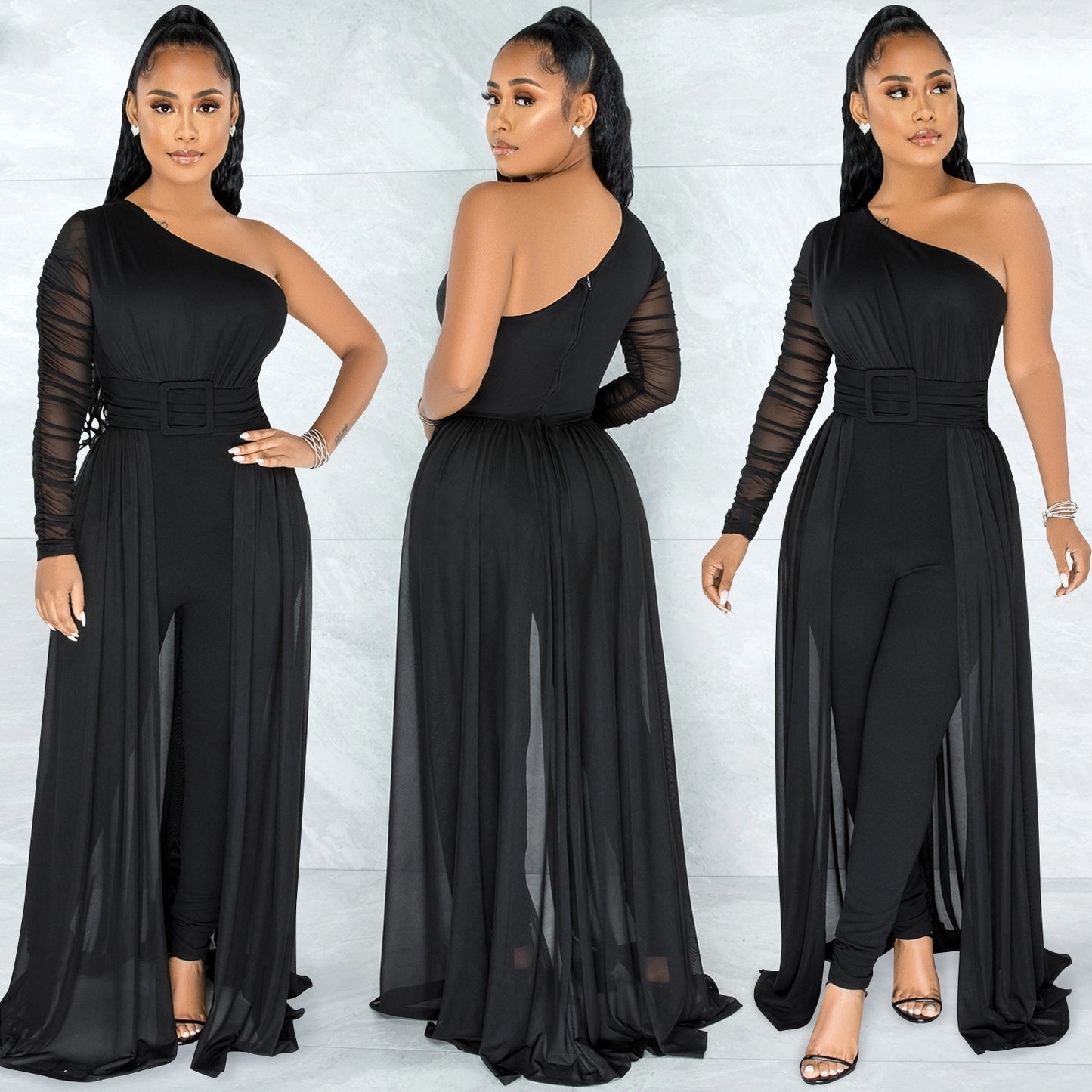 Pure Color Mesh See-through One Shoulder Long Sleeve Jumpsuit