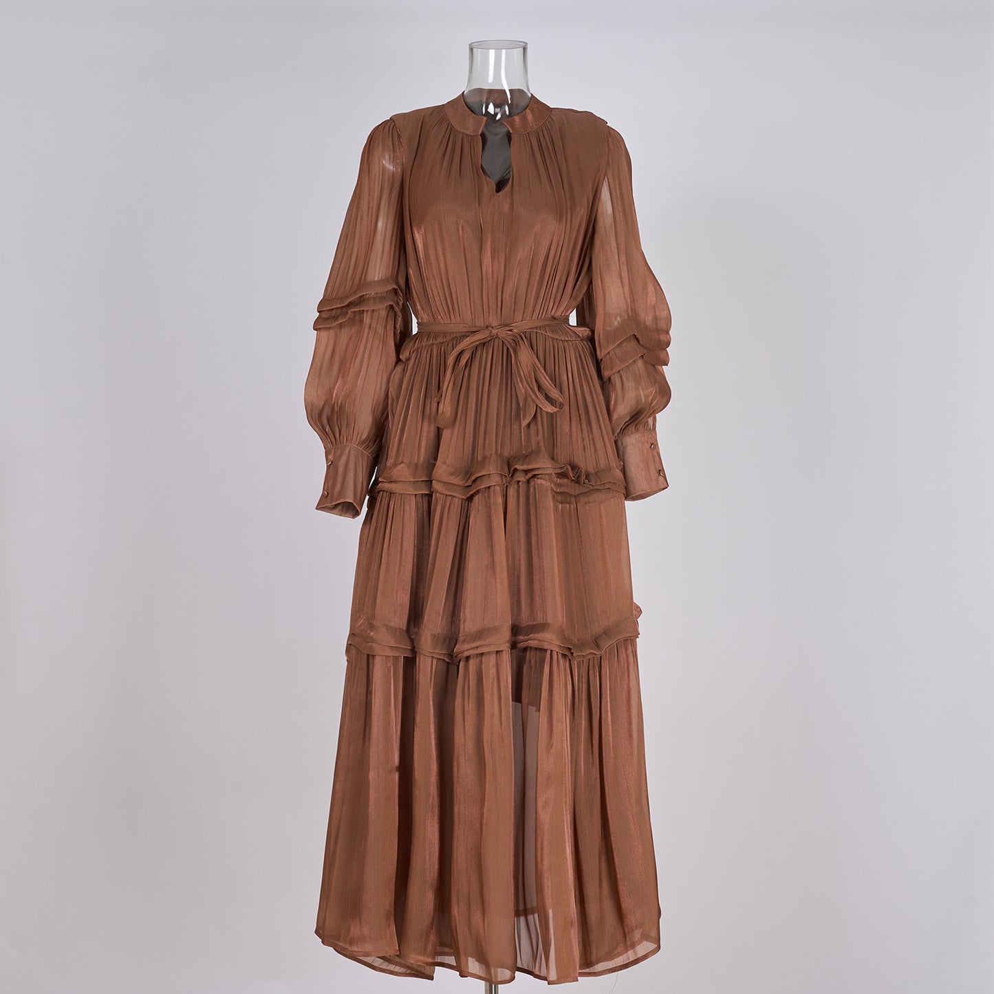 V-neck Lantern Sleeve Fitted Waist Pleated Long Silk Dress