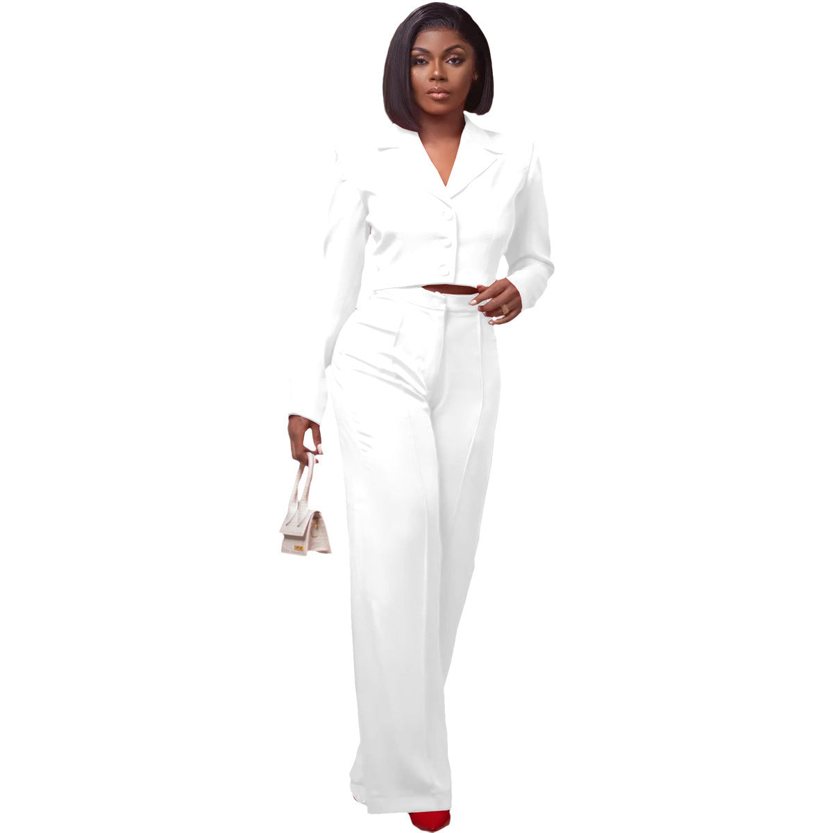 Women's Solid Color Breasted Suit Short Coat Wide Leg Trousers Two-piece Set