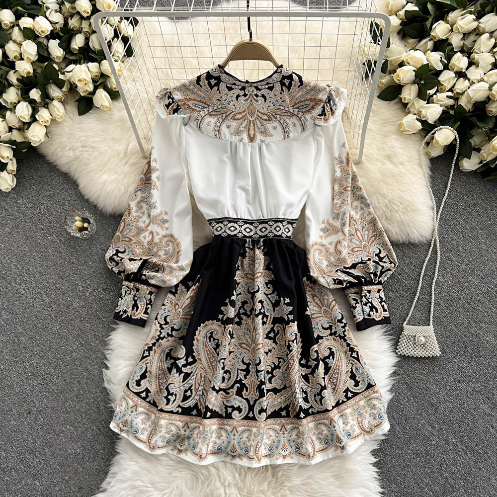 Women's V-neck Lantern Sleeve Printed Dress