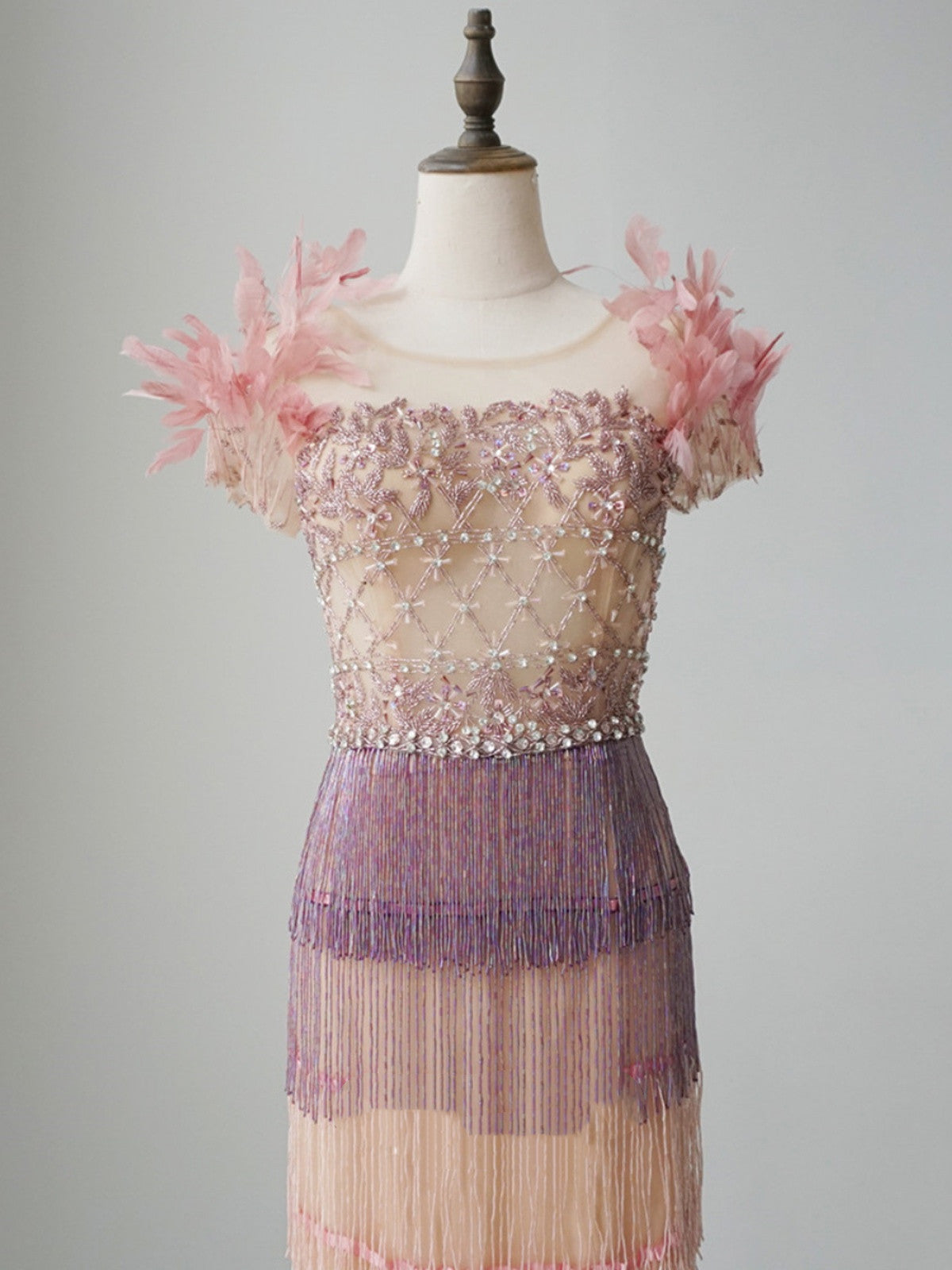 New Feather Mid Length Crystal Evening Dress