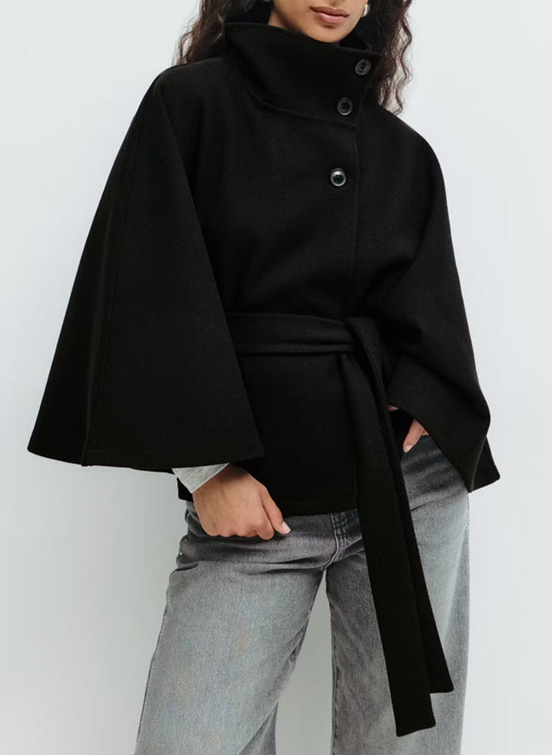Women's Autumn And Winter Solid Color Cloak Stand Collar Button Belt Trench Coat