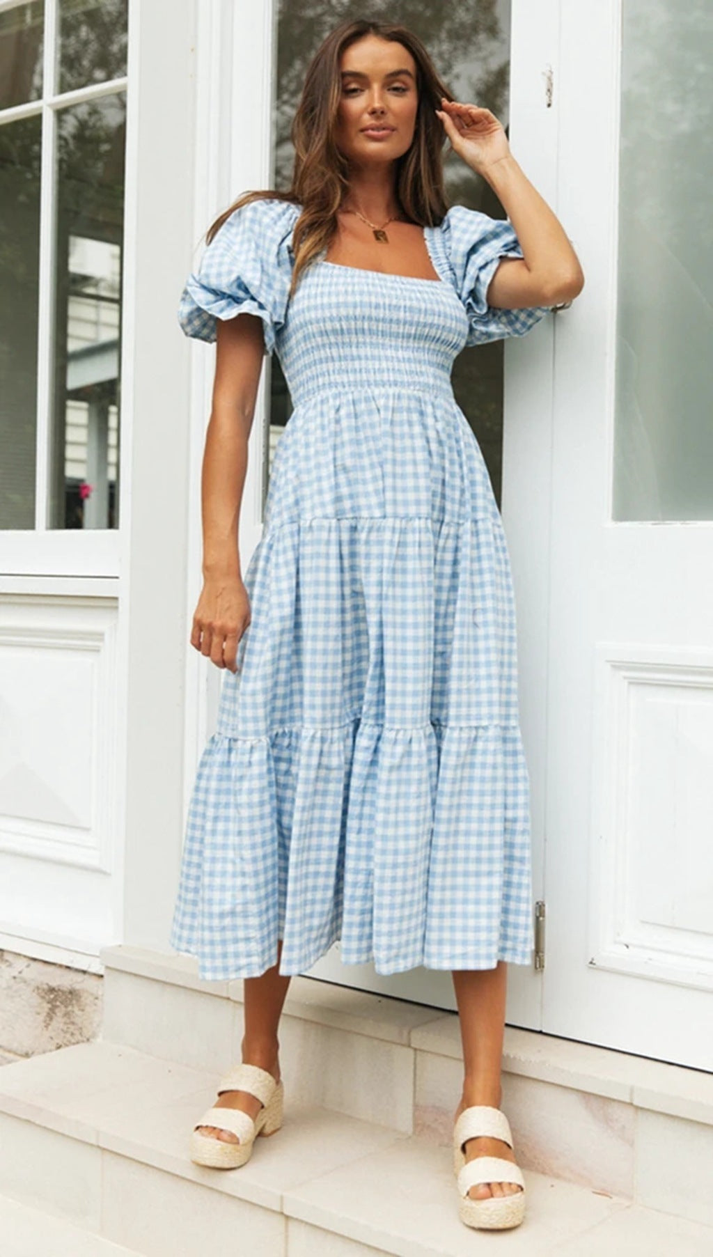 Plaid Dress Square Collar Puff Sleeve High Waist