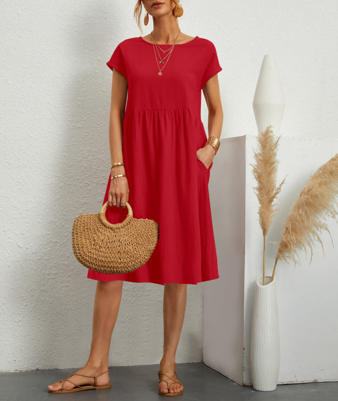 Summer Short-sleeved Dress With Pockets
