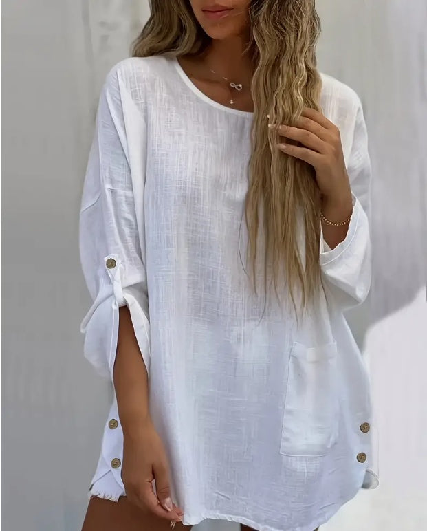 Cross-Border Women'S Fashion Casual Solid Color Comfortable Pocket Pullover Long Top With Slight Transparency.