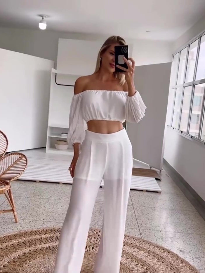 White One-shoulder Pleated Top & High-waisted Pants Set