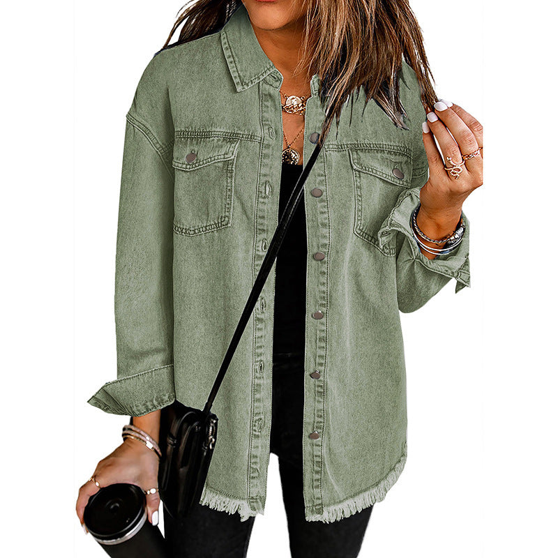 Denim Long Sleeve Lapel Top Women's Solid Color Single-breasted Mid-length
