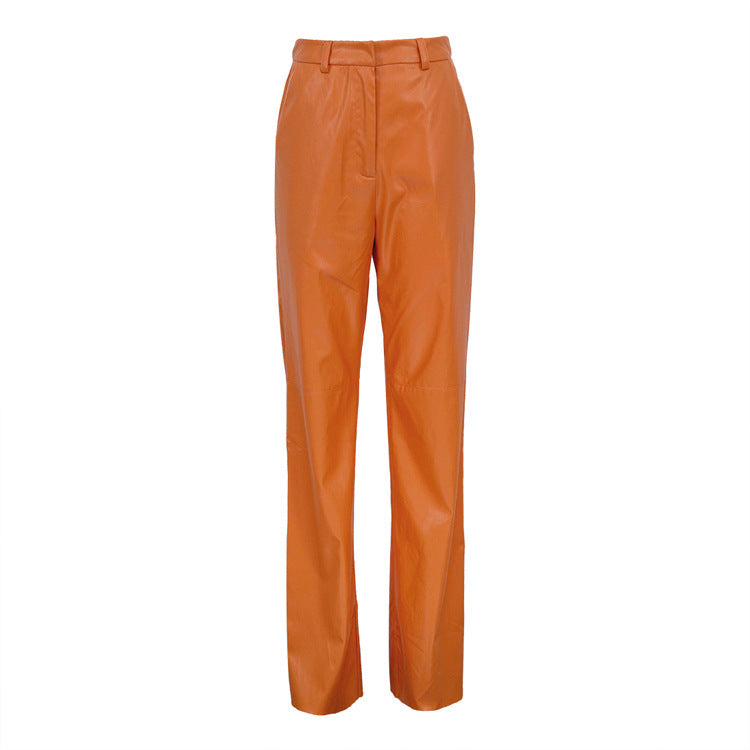 Women's Fashion Slim Fit Slimming PU Casual Straight Pants