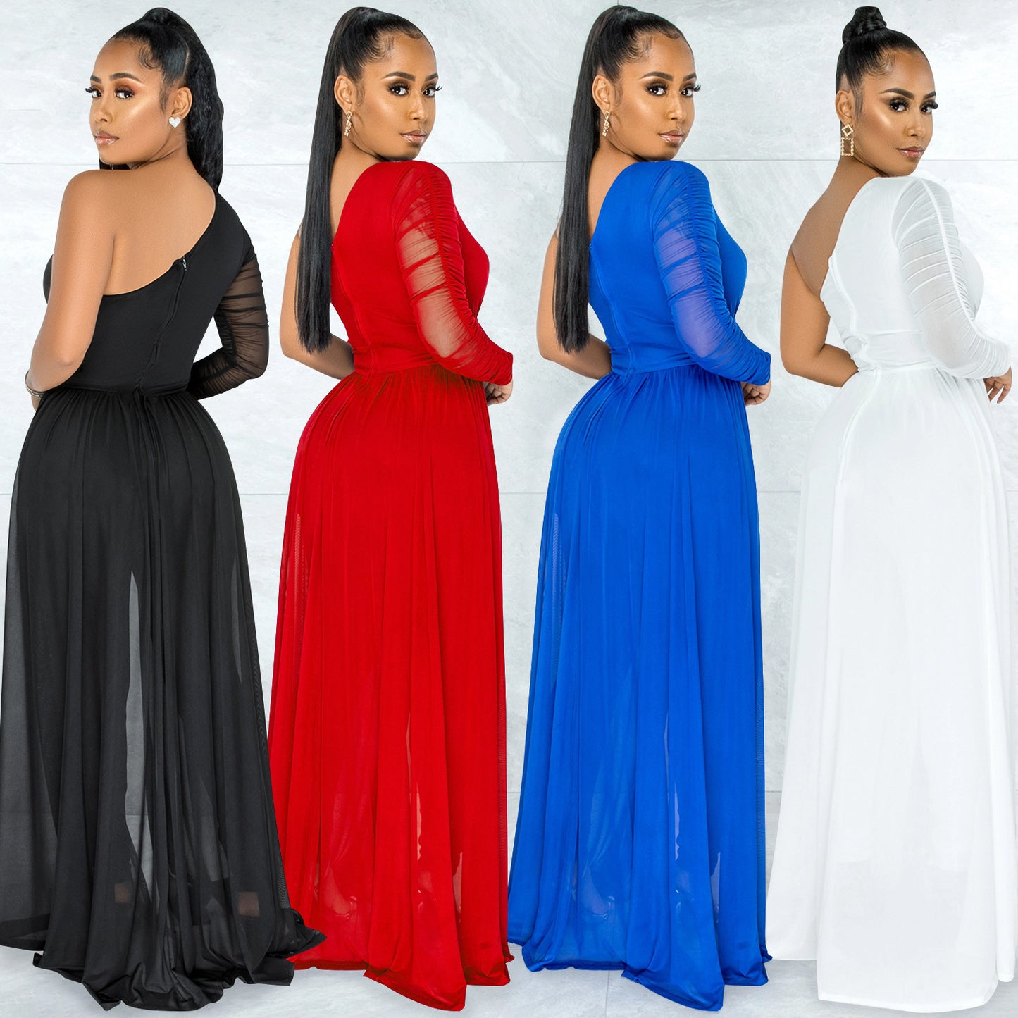 Pure Color Mesh See-through One Shoulder Long Sleeve Jumpsuit