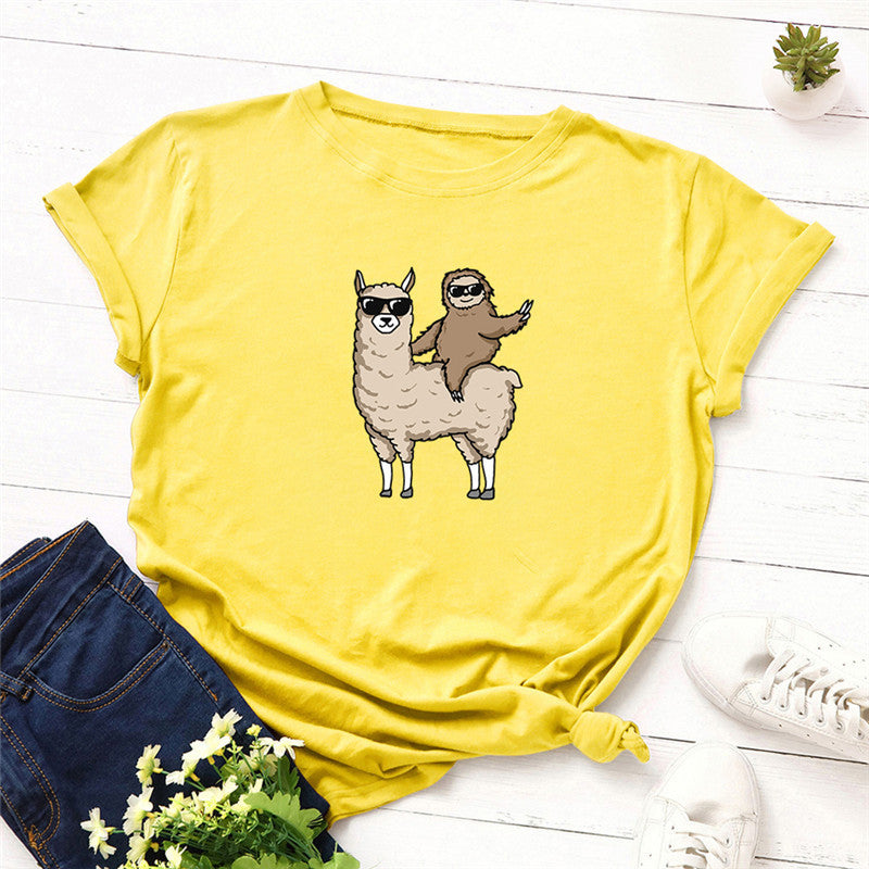 Sloth Riding Goat Sunglasses Printing Cool European And American Top T-shirt Short Sleeve