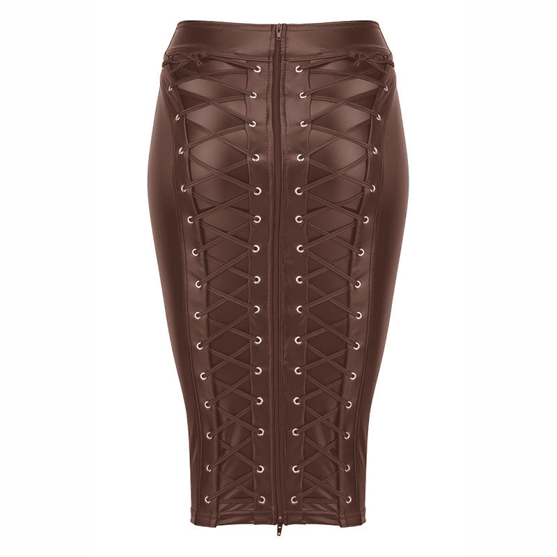 High-waisted PU patent leather hip skirt