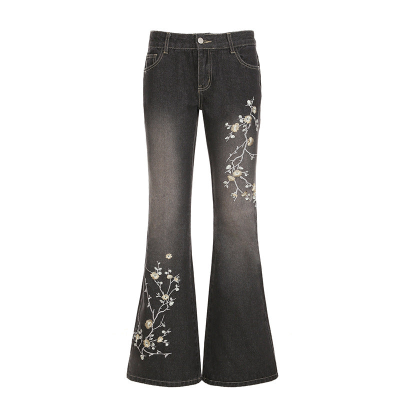 Retro Chinese Plant Flower Embroidery Washed Wear-white Low Waist Straight Skinny Jeans