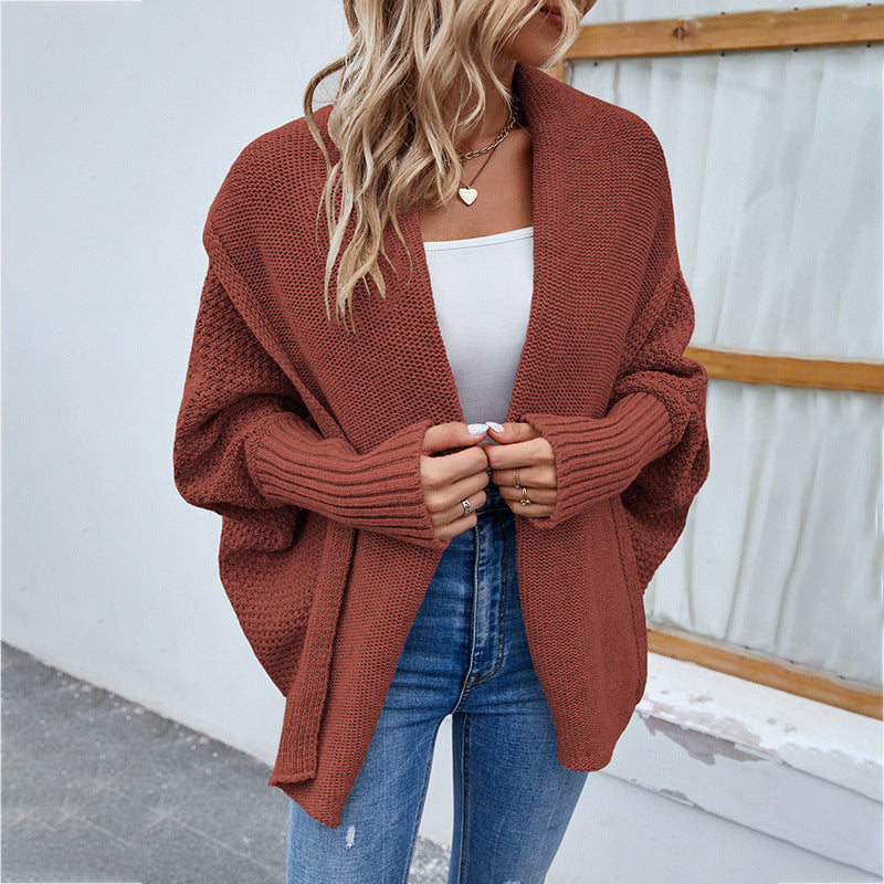 Loose Knit Solid Color Bat Sleeve Large Lapel Cardigan Sweater for Women Autumn Winter Jacket