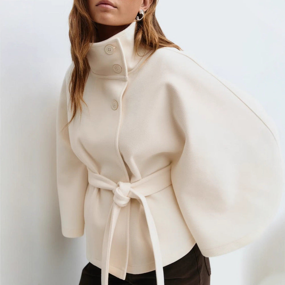 Women's Autumn And Winter Solid Color Cloak Stand Collar Button Belt Trench Coat