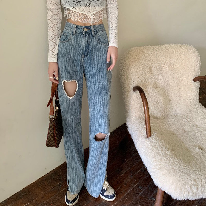 Women's High Waist Slim All Match Waist Straight Jeans