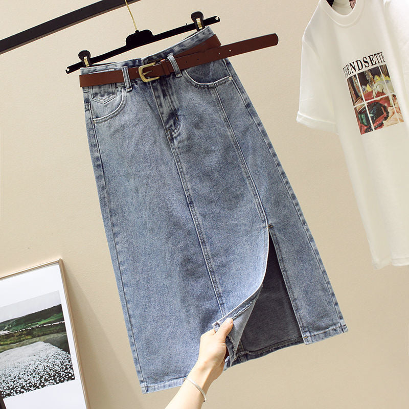 Temperament Split Mid-length High-waisted A-line Thin Hip-length Skirt