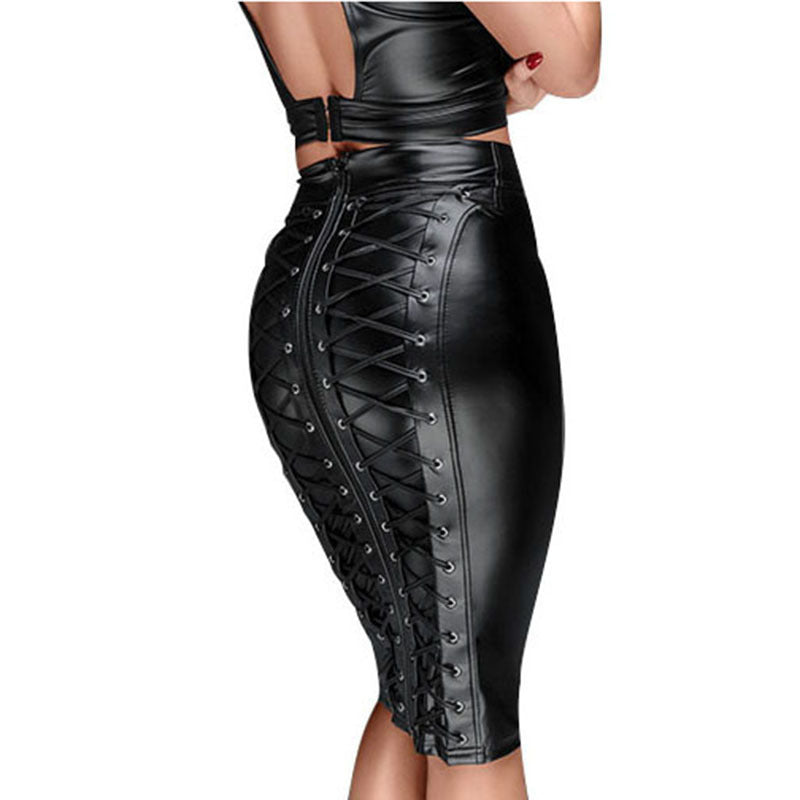 High-waisted PU patent leather hip skirt