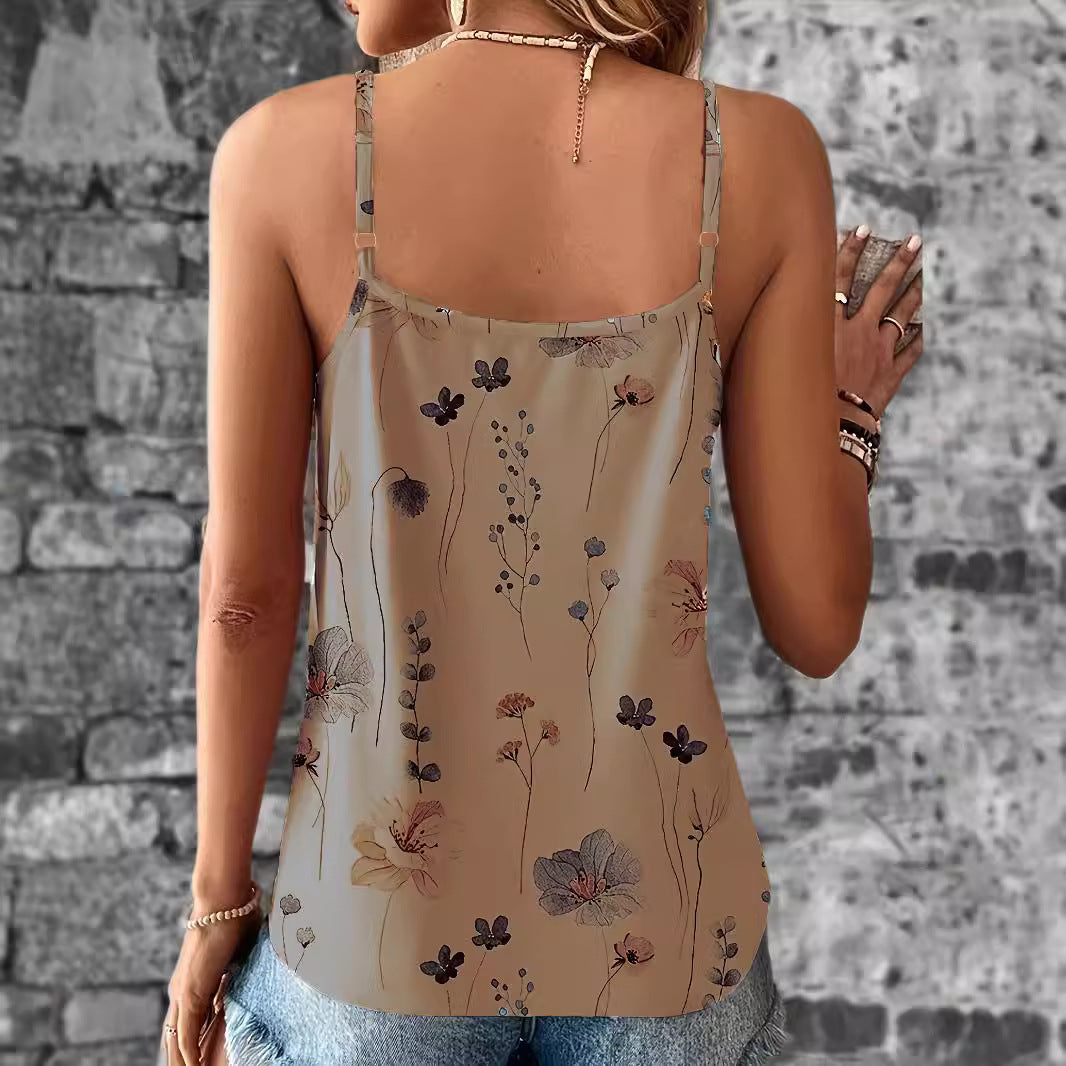 Women's European And American Style Lace Printed Lace V-neck Pullover Strap