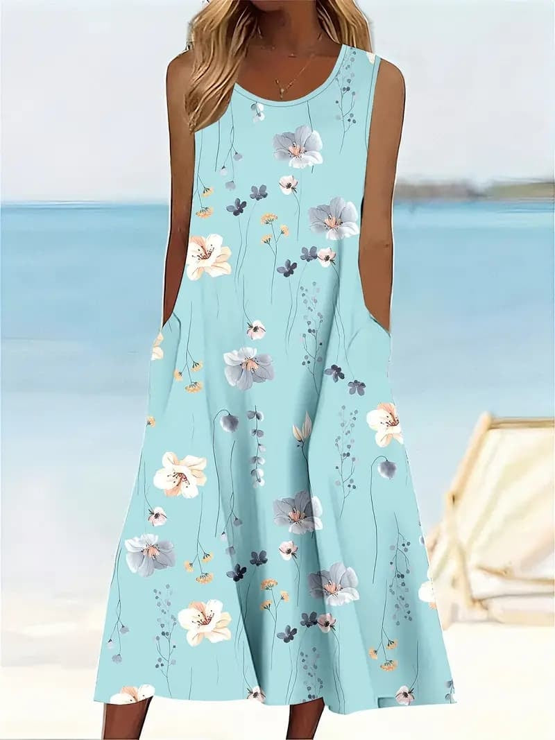 Plus-size Floral Print Pocket Sundress, Casual Sleeveless Round Neck Mid-length Dress