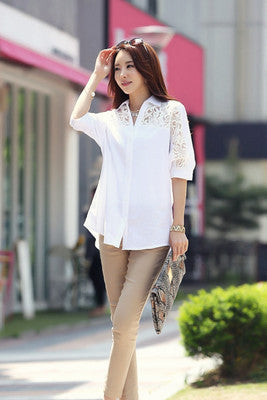 White Loose Five-point Mid-sleeve Short-sleeved Shirt