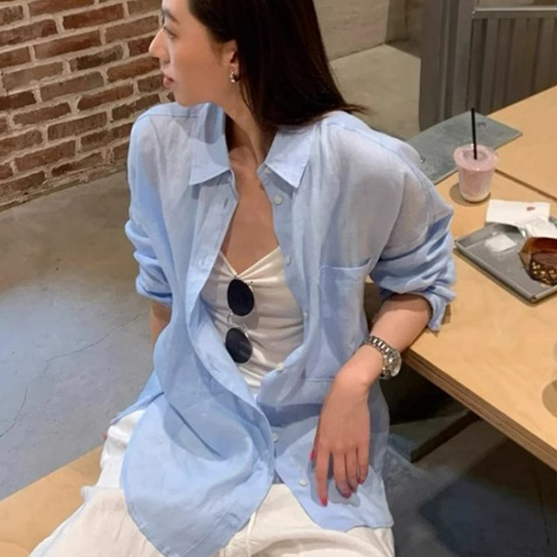 White Linen Shirt Women's Summer Thin Loose Top