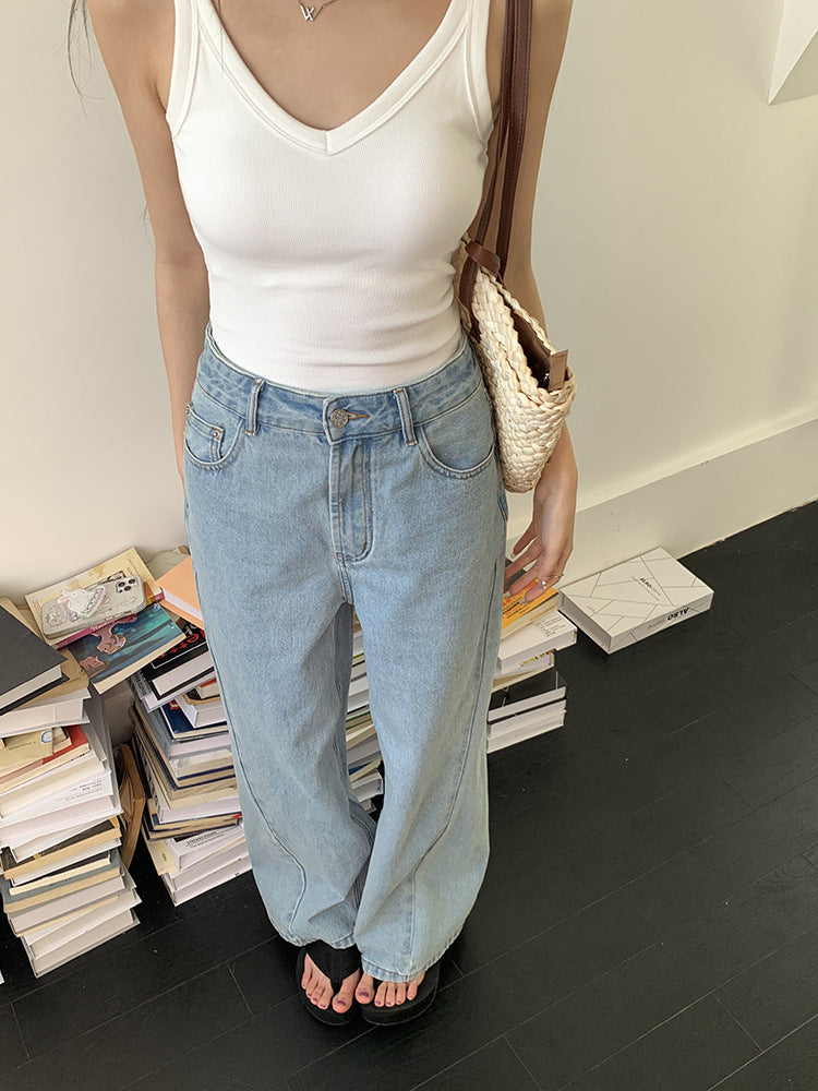 Women's Loose High Waist Retro Cropped Patchwork Wide-leg Jeans