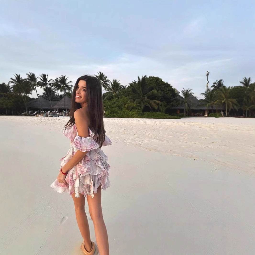 Color Printed Off-the-neck Stacked Ruffled Waist Dress