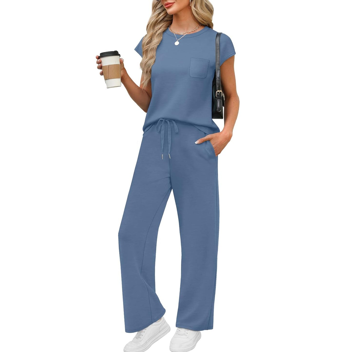 Round Neck Loose Short Sleeves Pocket Two-piece Pants Casual Suit