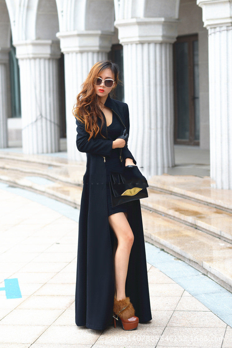 Slit Mopping Floor Super Long Woolen Stand-collar Coat Style