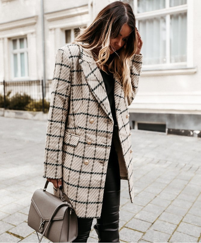 Long-Sleeve Double-Breasted Woolen Blazer Coat
