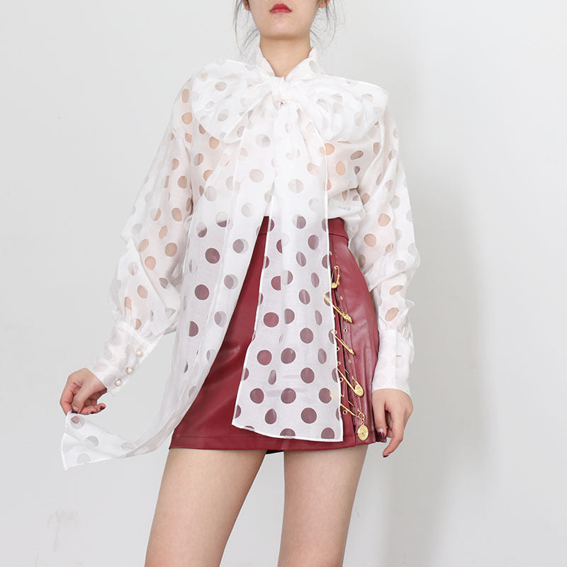 Women's Design Sense Lantern Sleeve Polka Dot Long Sleeve Shirt