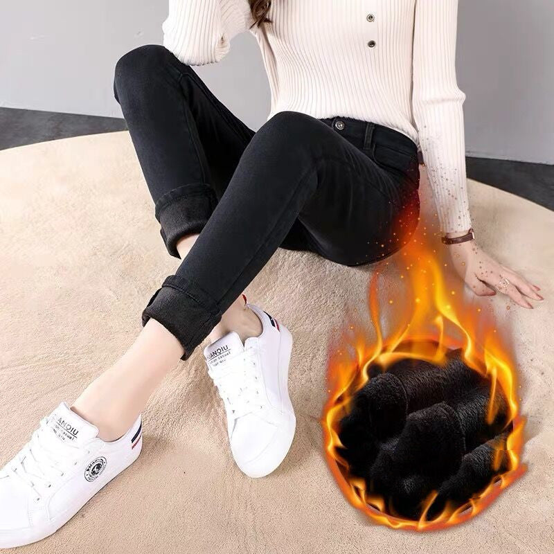 Plush Padded Jeans Women's Winter High-waisted Feet