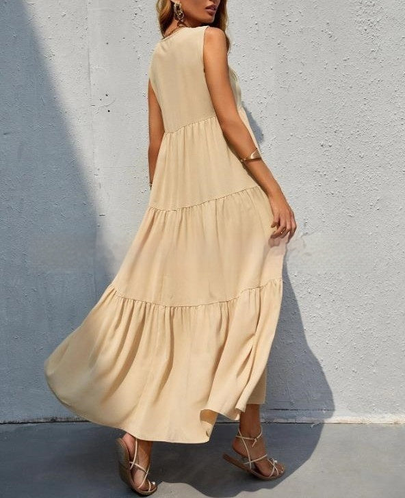 Women's Loose Waist Cotton Sleeveless V-neck Dress