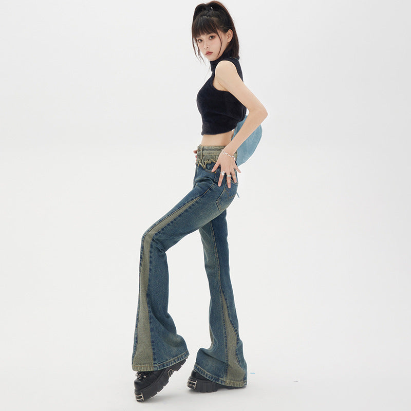 High-waist Design Feeling And Raw Hem Waistband Vintage Flared Trousers
