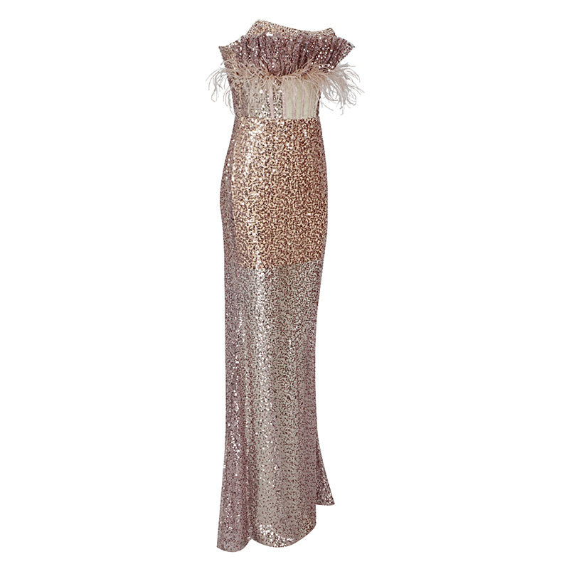 Feather Beaded Sequined Cutout Mesh Strapless Dress