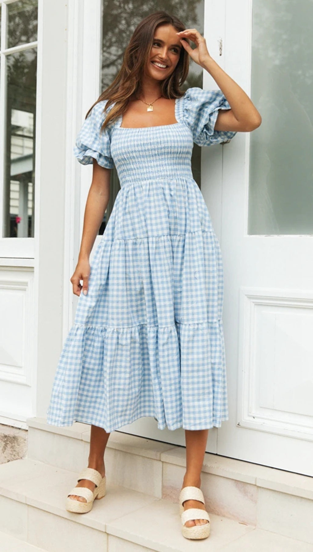 Plaid Dress Square Collar Puff Sleeve High Waist