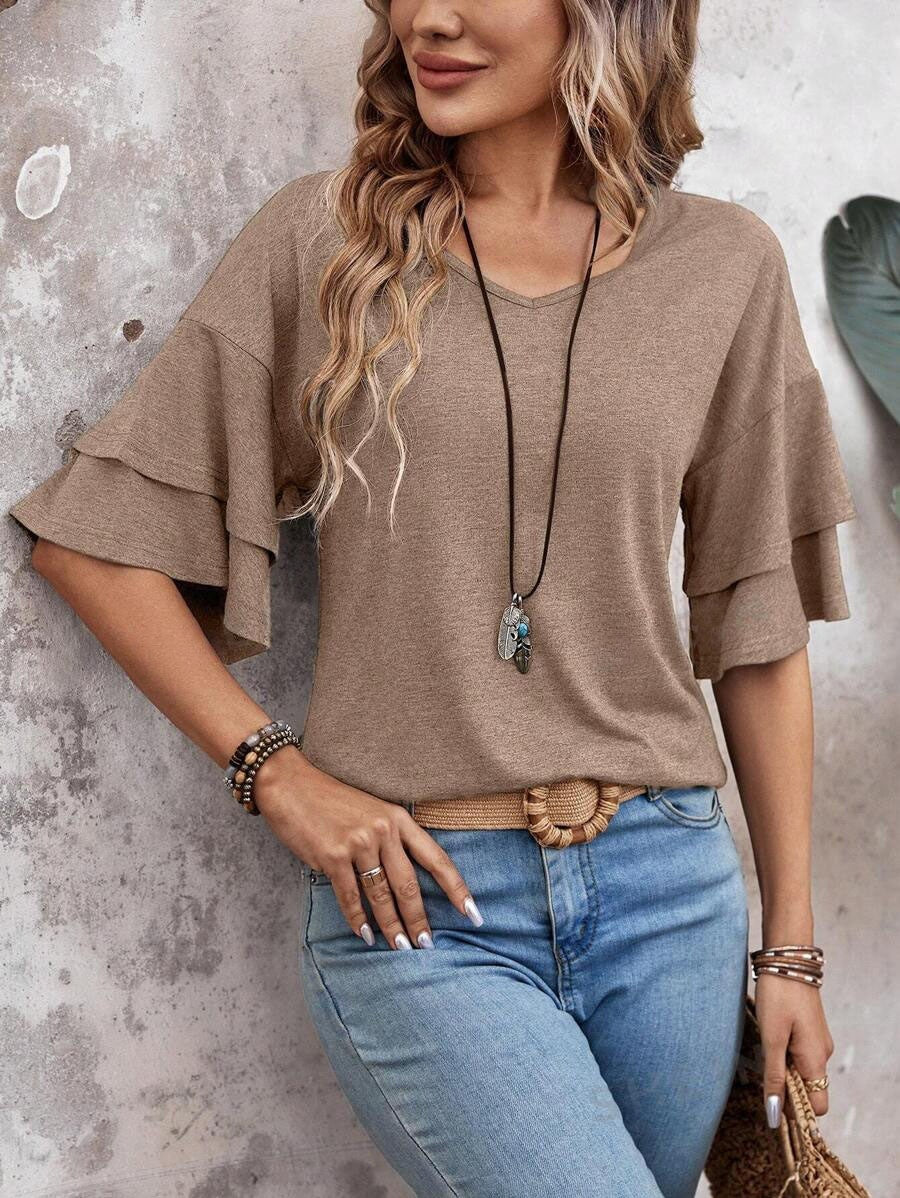 Loose V-neck Ruffle Sleeve T-shirt Fashion Solid Mid-sleeve Tops