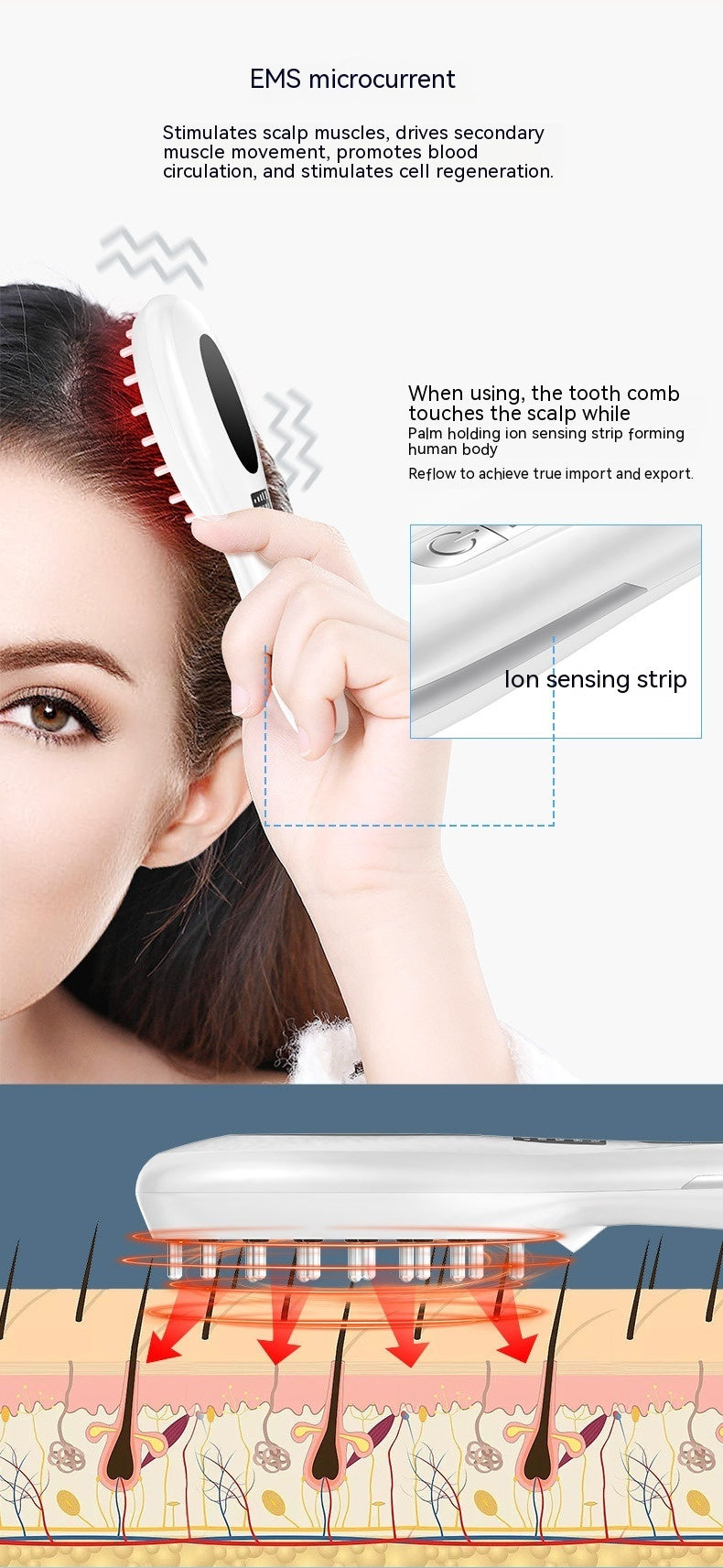 Electric Anion Hair Brush with Micro Current, Red & Blue Light, Vibration Massage - White, 198x55x35mm