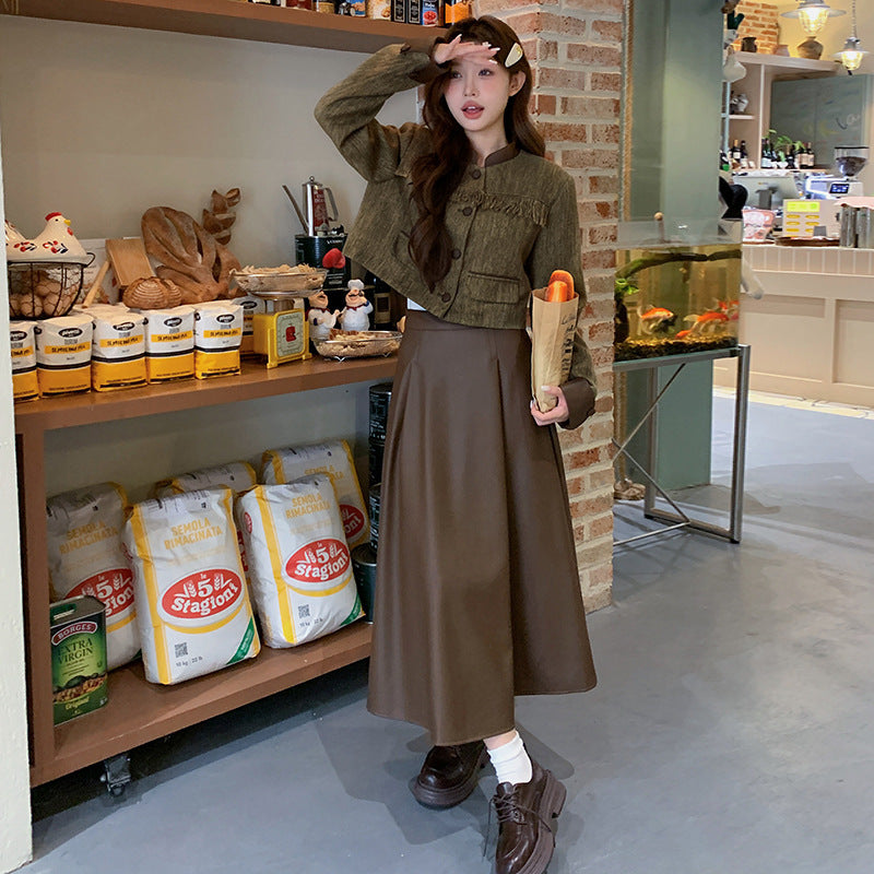 Coat PU Leather Skirt Suit