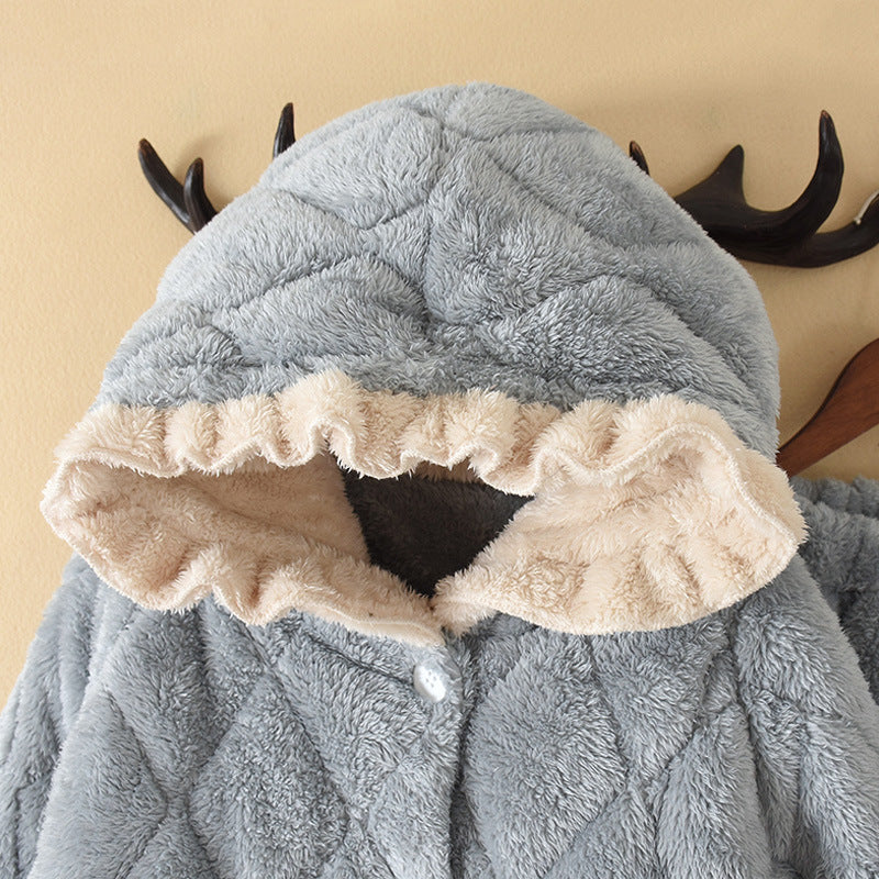 Pyjama femme grande taille en coton, velours corail épais matelassé, motif dessin animé, mi-long, en flanelle, idéal pour la maison.