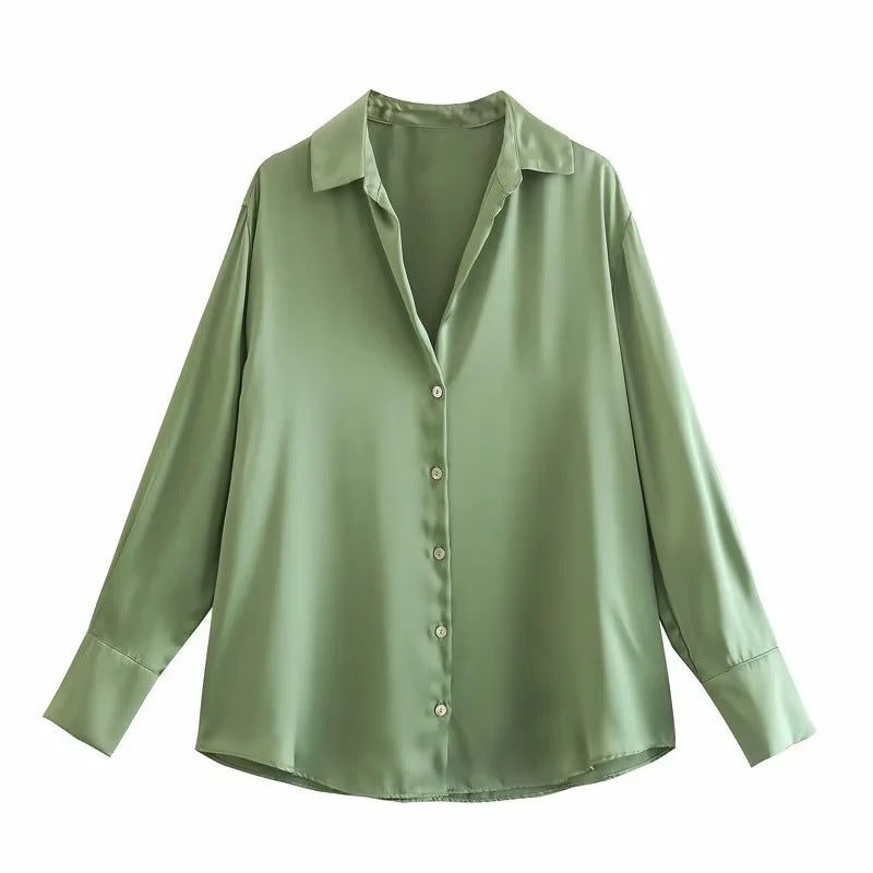 All-match Silk Satin Texture Draping Long-sleeved Shirt For Women