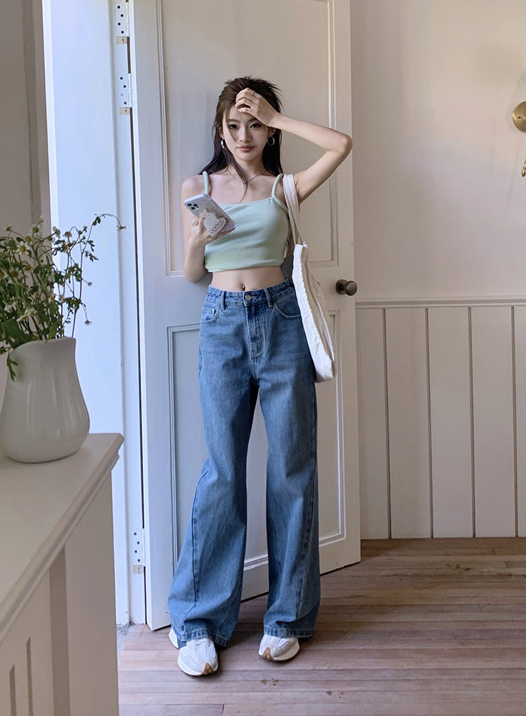 Women's Loose High Waist Retro Cropped Patchwork Wide-leg Jeans
