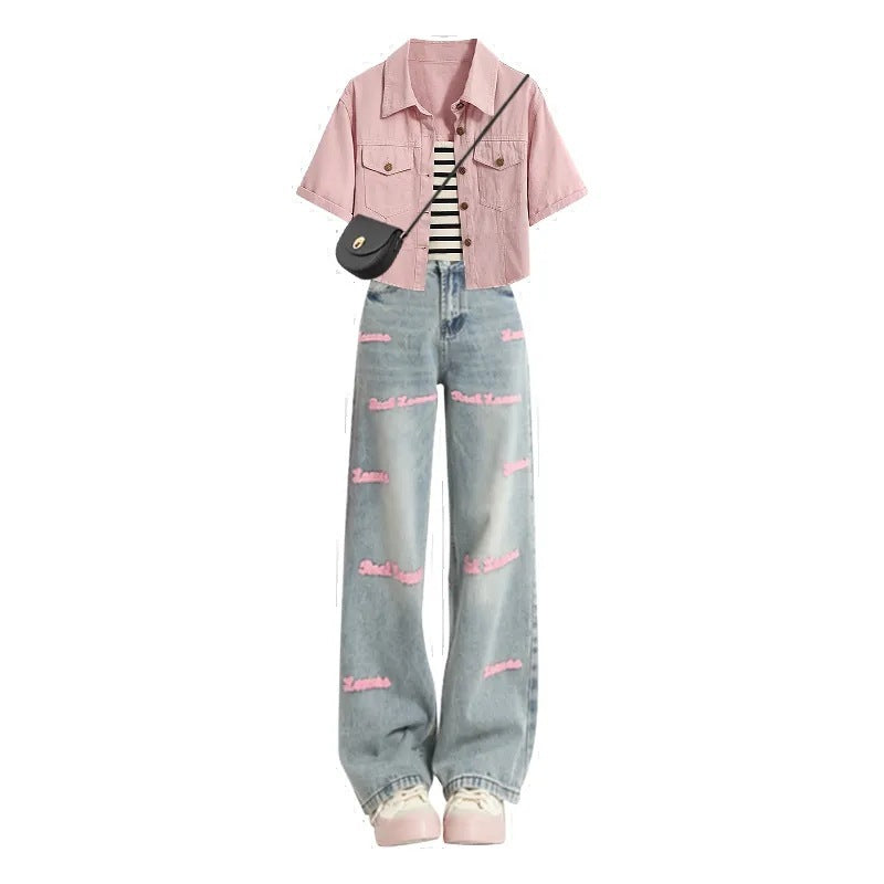 Color Denim Jacket Inner Suspender With Jeans Three-piece Set