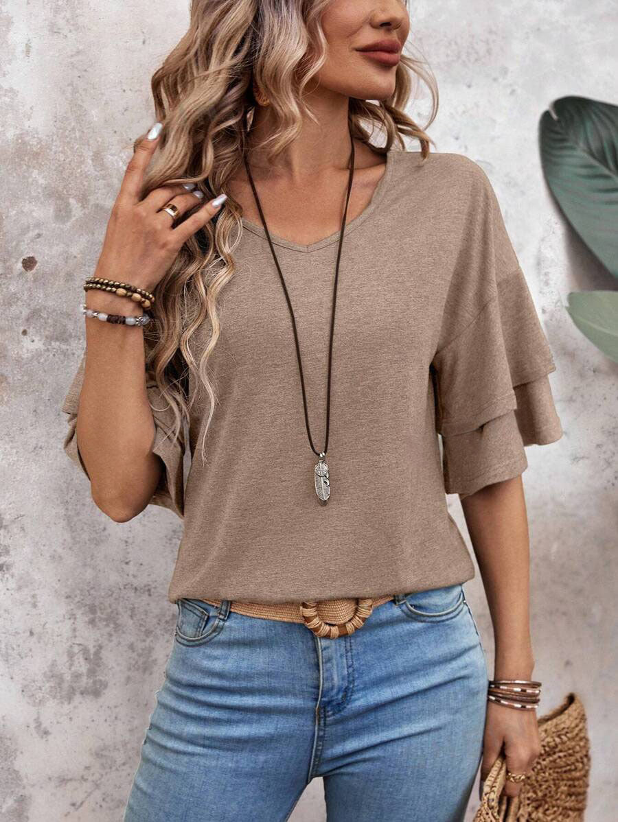 Loose V-neck Ruffle Sleeve T-shirt Fashion Solid Mid-sleeve Tops