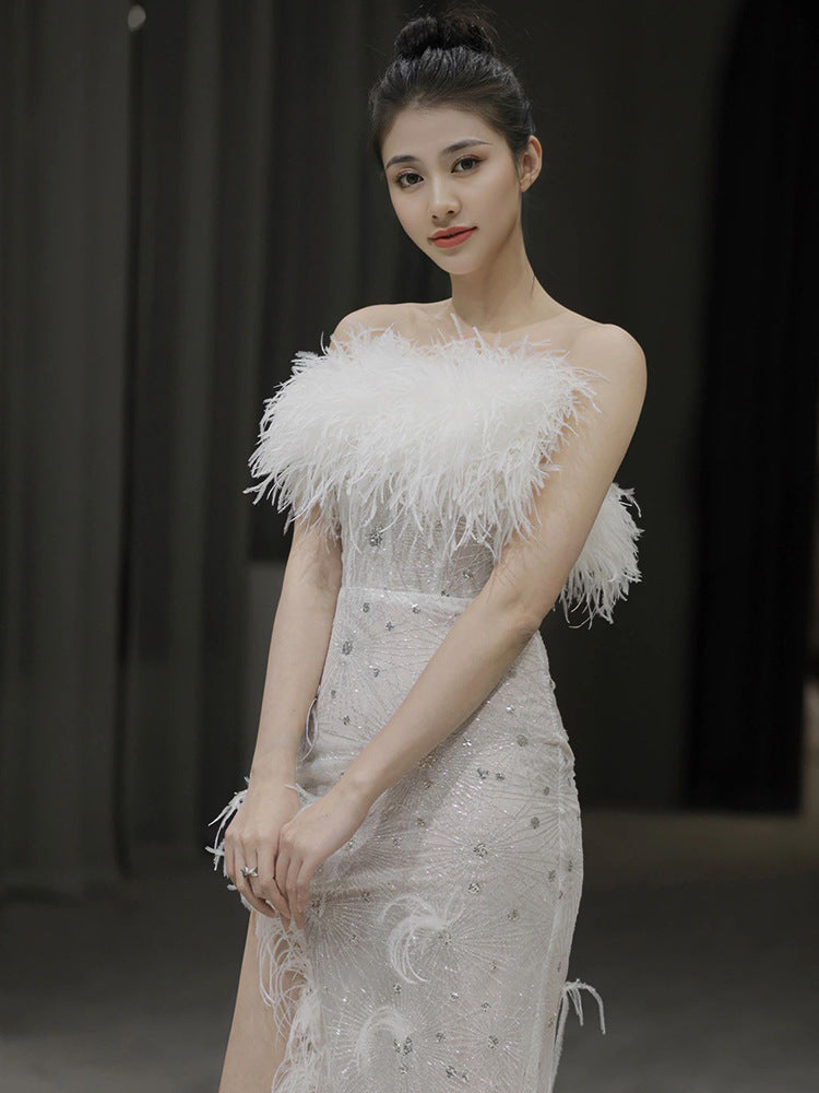 Robe de soirée sexy sans manches à plumes pour femme