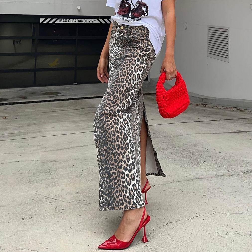Commute Style Cotton Leopard Print Straight Ankle Skirt